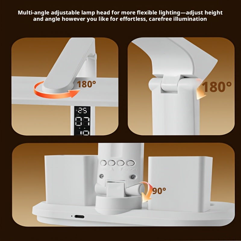 Digital Display Desk Lamp hinge adjustment diagram showing 180-degree and 90-degree movement and the USB-C port.