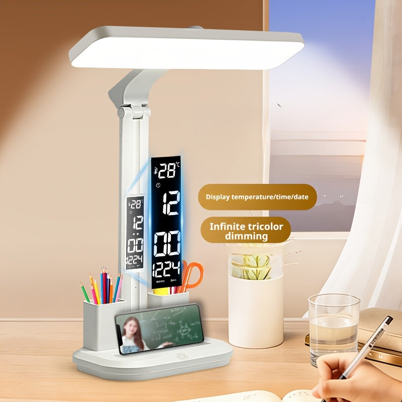 Digital Display Desk Lamp with enlarged time, temperature and date display beside a hand writing.
