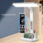 Digital Display Desk Lamp with a time and temperature display close-up and a phone resting in the base slot.