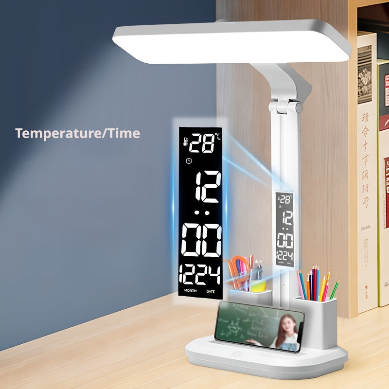 Digital Display Desk Lamp with a time and temperature display close-up and a phone resting in the base slot.