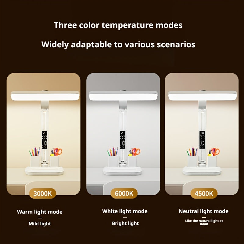 Digital Display Desk Lamp comparison of warm 3000K, white 6000K and neutral 4500K lighting modes.