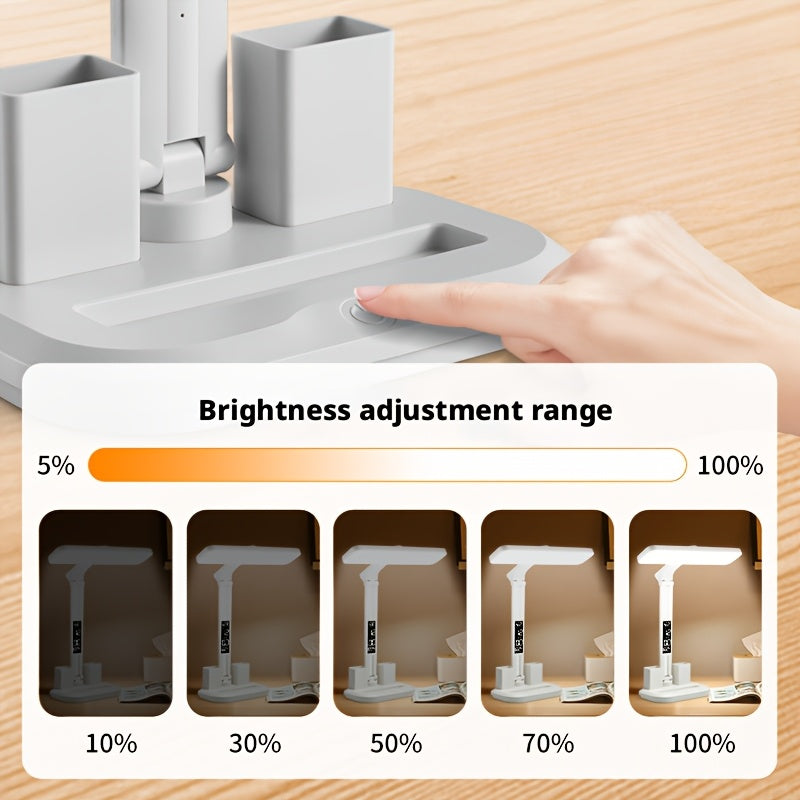 Digital Display Desk Lamp touch control close-up with a brightness adjustment range and example lighting levels.