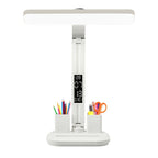 Digital Display Desk Lamp in white, shown from the front with a wide light bar and two filled pen holders.