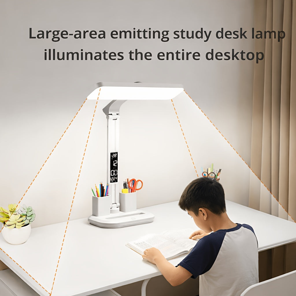 Digital Display Desk Lamp illuminating a study desk while a child reads beneath the wide light panel.