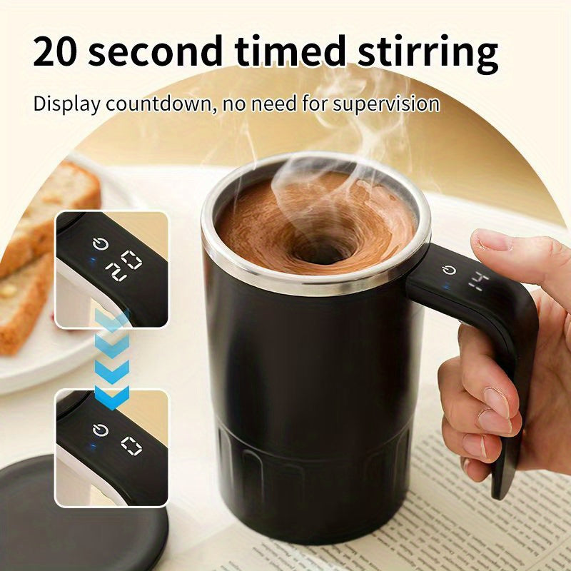 Digital Self-Stirring Mug black mug held by the handle beside a graphic illustrating the stirring countdown.