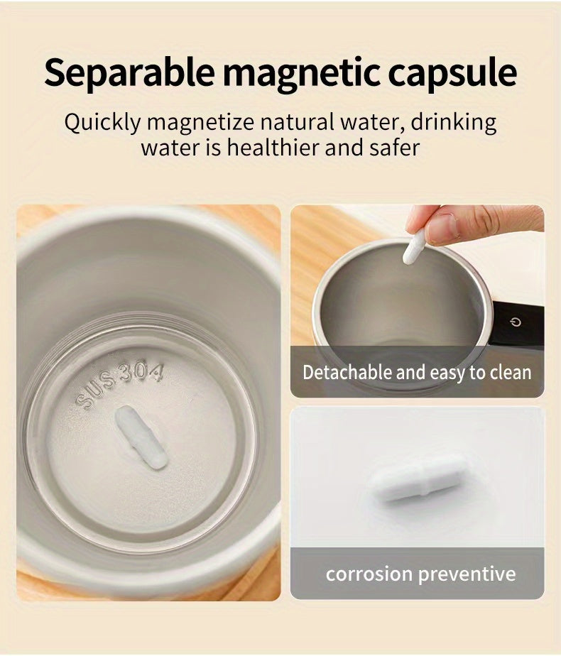 Digital Self-Stirring Mug interior detail showing the removable magnetic stirring capsule and stainless steel cup.