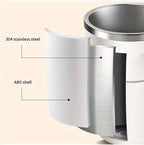 Digital Self-Stirring Mug cutaway diagram identifying the stainless steel inner cup and ABS outer shell.