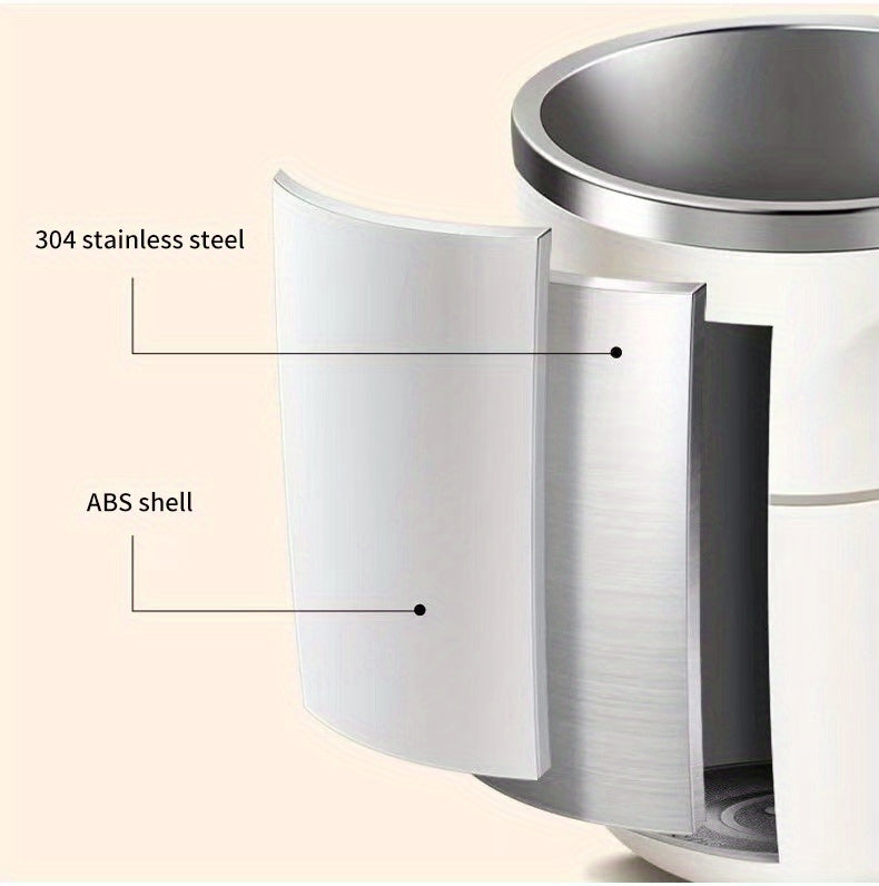 Digital Self-Stirring Mug cutaway diagram identifying the stainless steel inner cup and ABS outer shell.