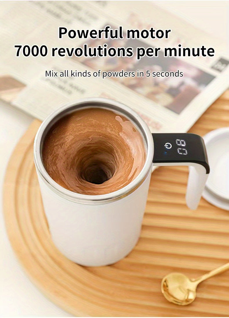 Digital Self-Stirring Mug closer view of the white mug, coffee swirl and handle display on a wooden tray.