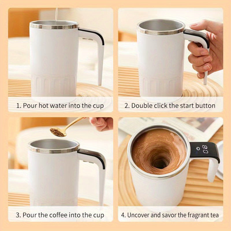 Digital Self-Stirring Mug four-panel guide showing liquid added, the handle control pressed and coffee mixed.