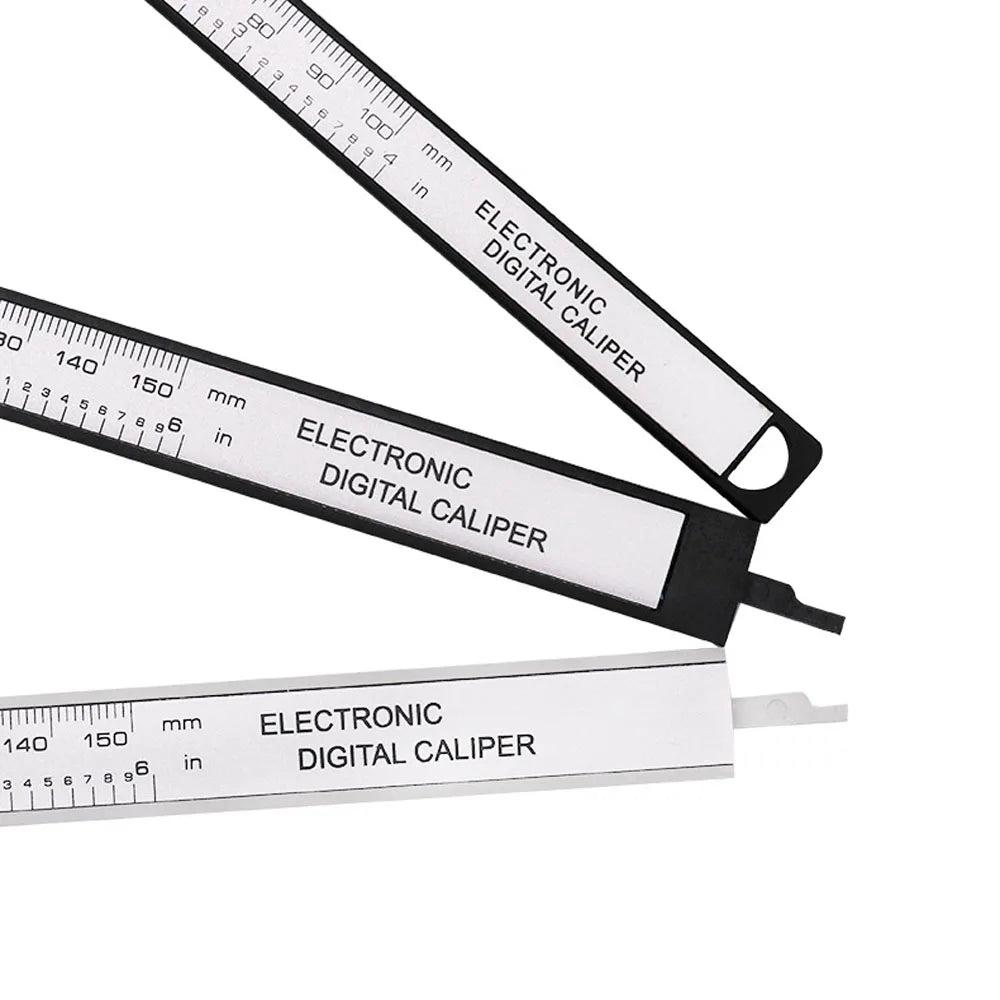 Digital Vernier Caliper ruler detail comparing printed scales and depth probes on 100mm and 150mm sizes