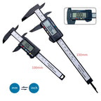Digital Vernier Caliper size comparison showing 100mm and 150mm models with metric and inch units