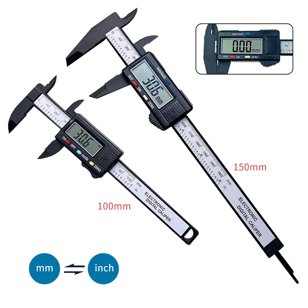 Digital Vernier Caliper size comparison showing 100mm and 150mm models with metric and inch units
