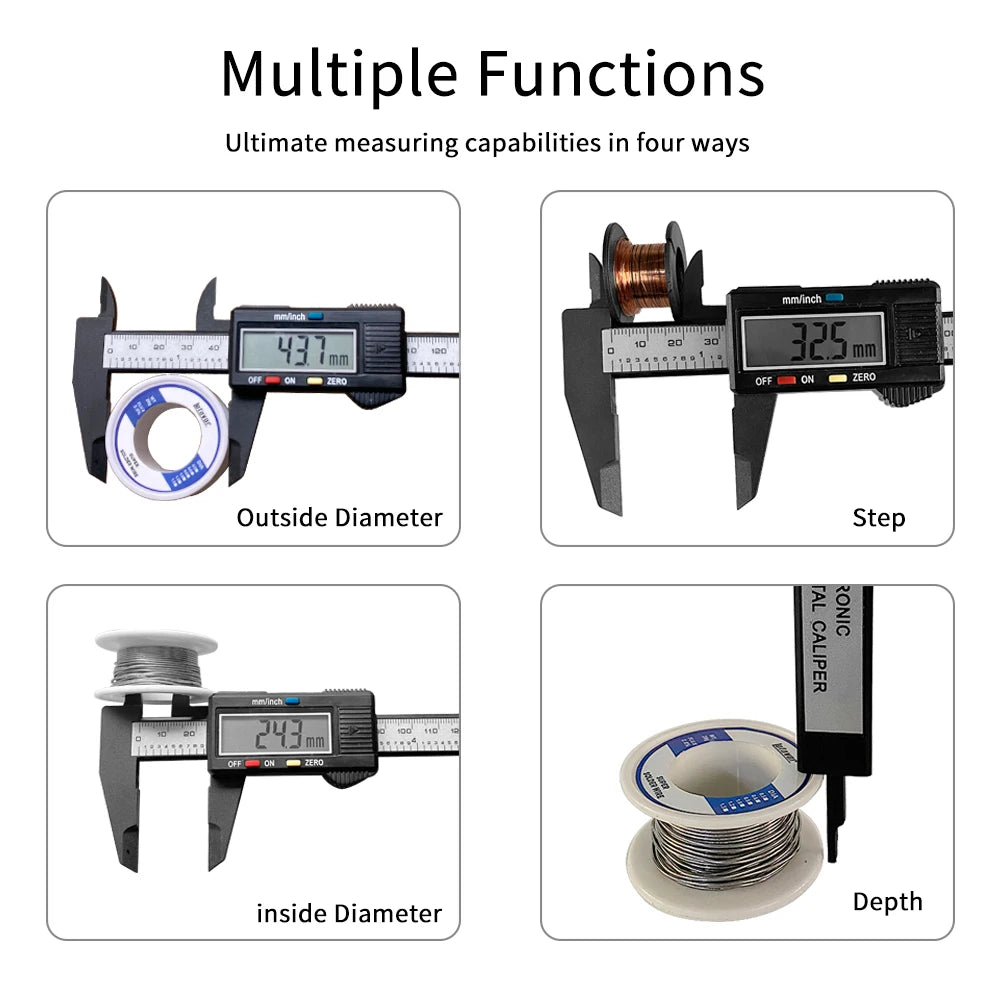 Digital Vernier Caliper 100mm guide demonstrating outside, inside, step, and depth measurements