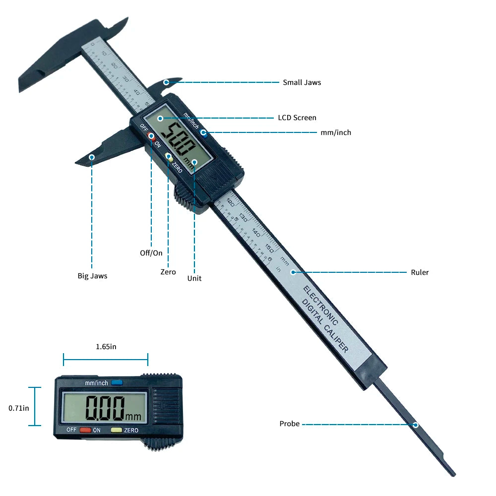 Digital Vernier Caliper 100mm labeled parts diagram with jaws, LCD, buttons, ruler, and probe
