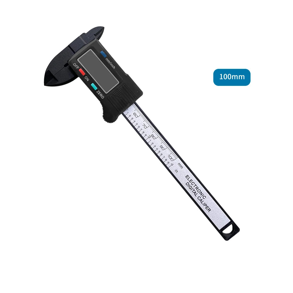 Digital Vernier Caliper 100mm single tool shown diagonally with depth probe and LCD controls