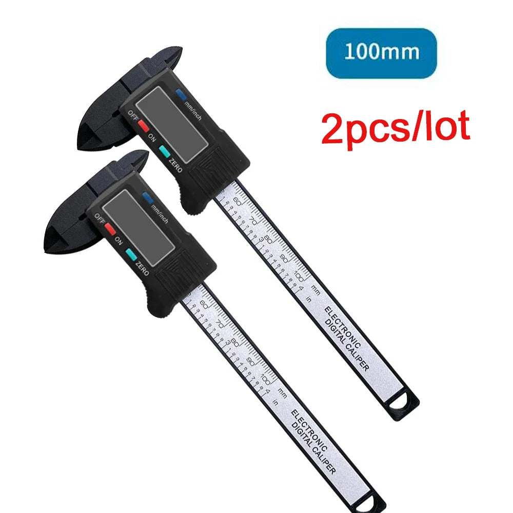 Digital Vernier Caliper 100mm 2-pack with angled jaws, LCD screens, and inch-millimeter rulers