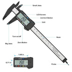 Digital Vernier Caliper 150mm labeled diagram showing jaws, LCD, buttons, ruler, and depth probe