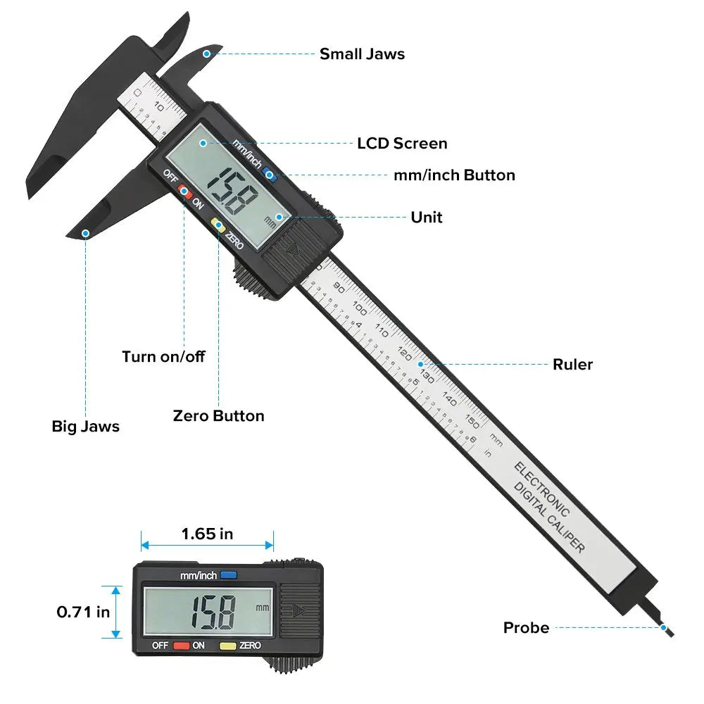 Digital Vernier Caliper 150mm labeled diagram showing jaws, LCD, buttons, ruler, and depth probe