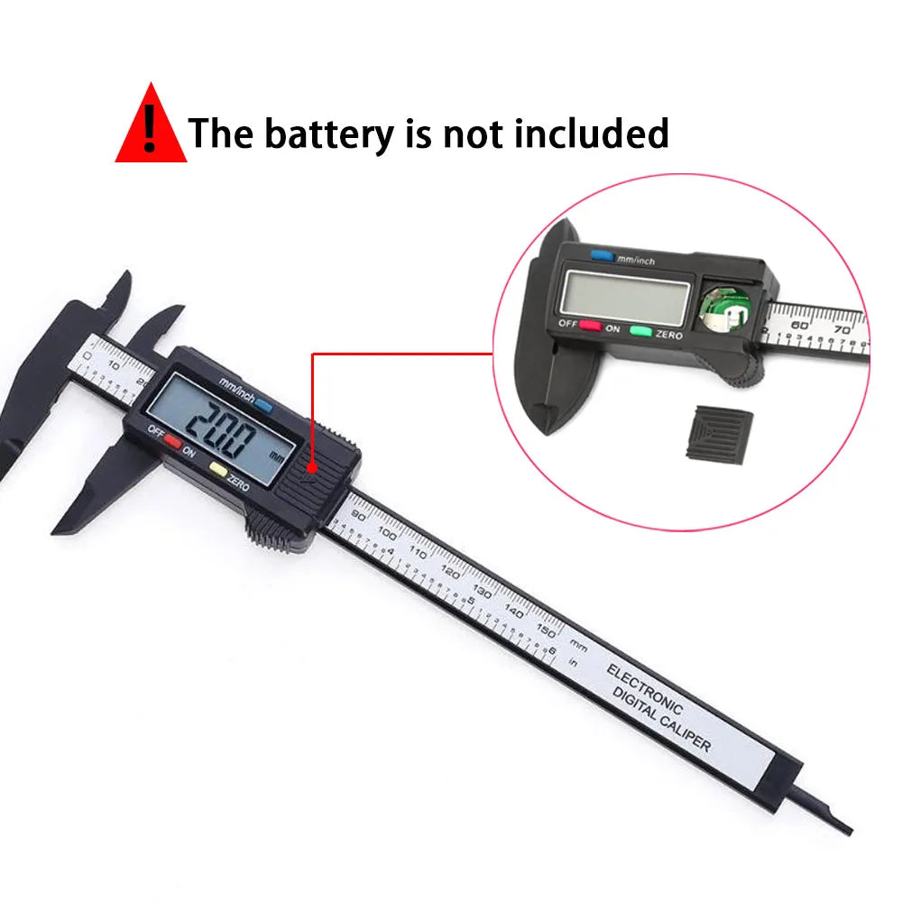 Digital Vernier Caliper battery compartment guide noting the required battery is not included
