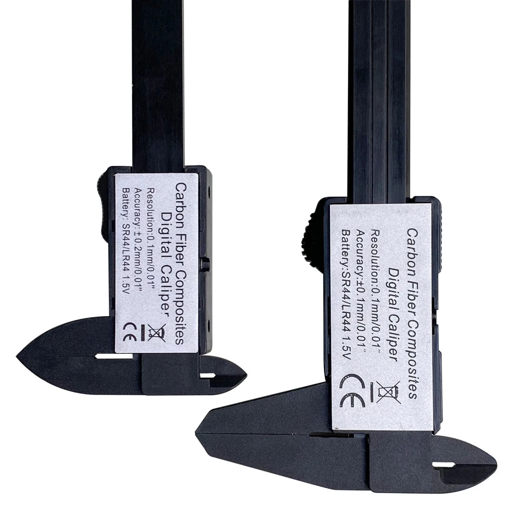 Digital Vernier Caliper rear view comparing carbon fiber composite labels on 100mm and 150mm models