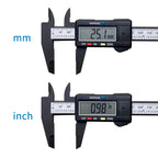 Digital Vernier Caliper LCD comparison showing 25.1 mm and 0.98 inch measurement readings