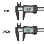 Digital Vernier Caliper display comparison showing 15.8 mm and 0.62 inch readings