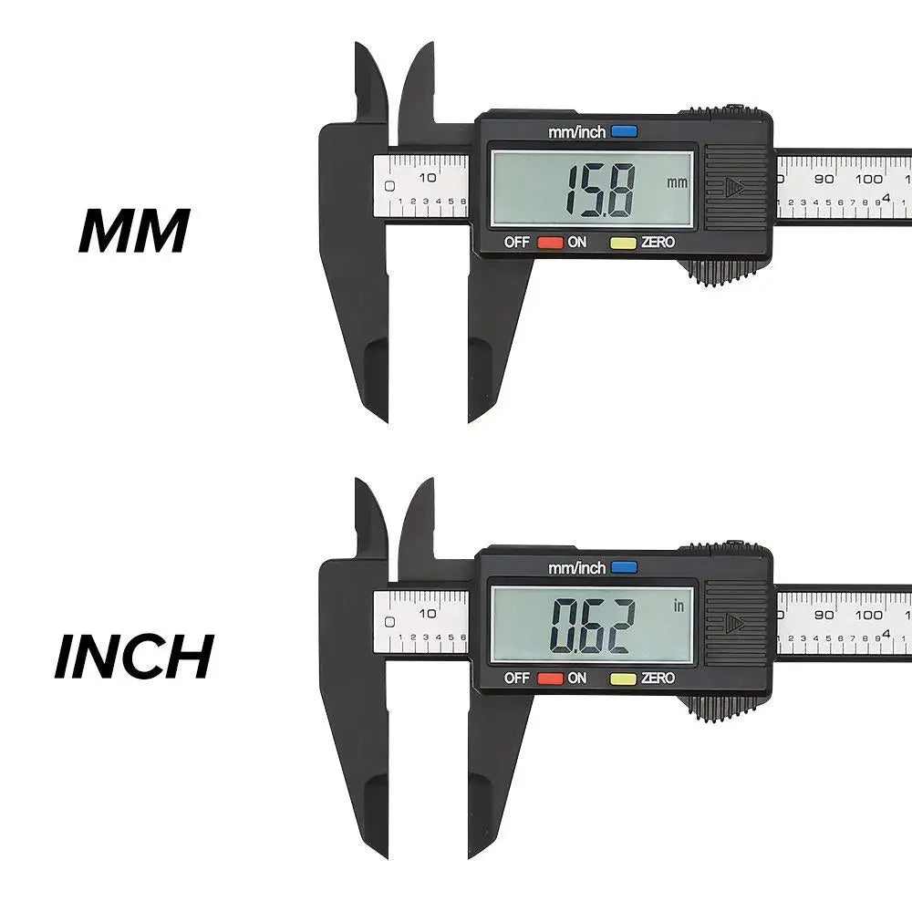 Digital Vernier Caliper display comparison showing 15.8 mm and 0.62 inch readings