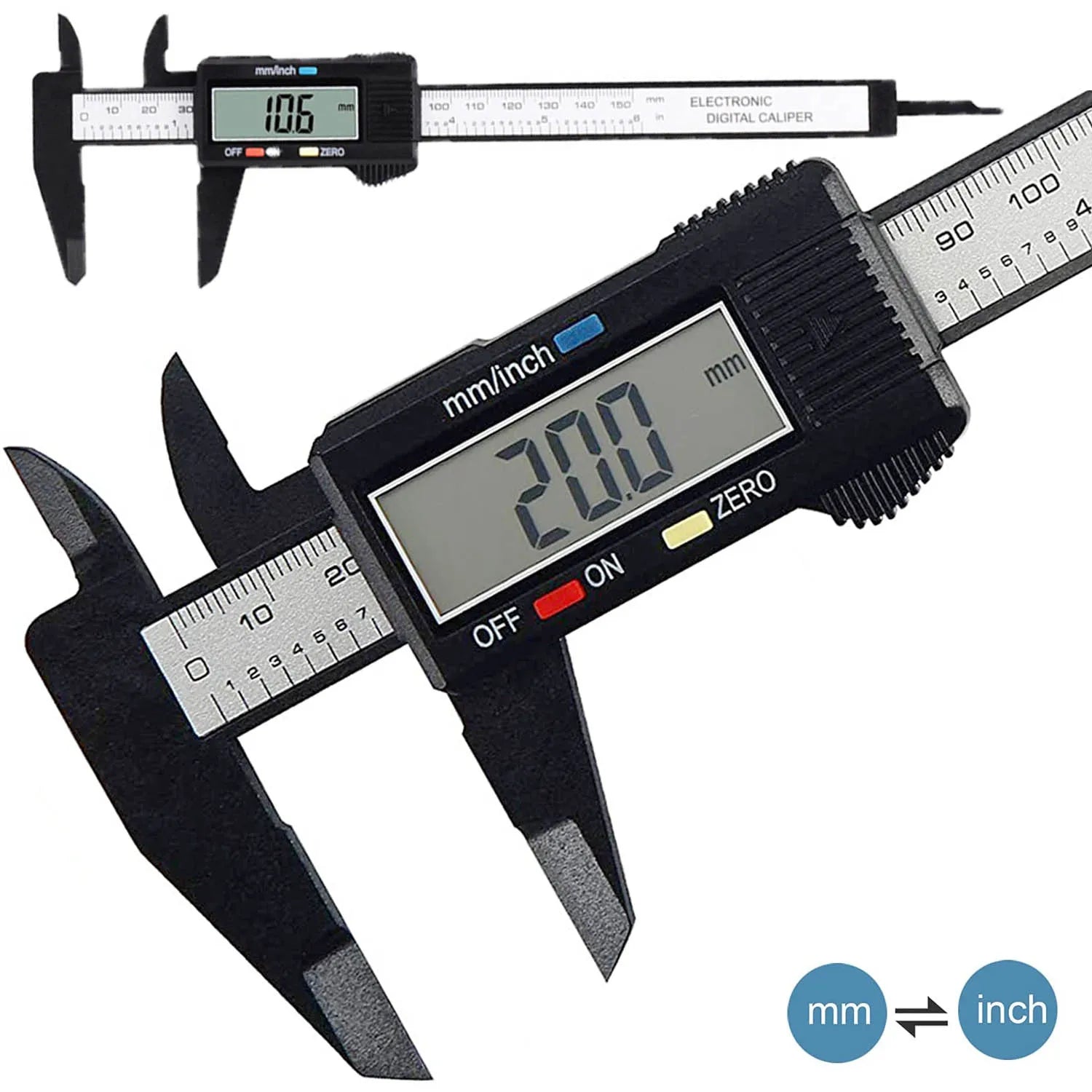 Digital Vernier Caliper close-up showing 20.0 mm reading, jaws, ruler scale, and unit switching