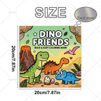 Dino Friends Coloring Book size graphic showing a square cover measuring 7.87 x 7.87 inches, or 20 x 20 cm