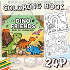 Dino Friends Coloring Book cover beside two black-and-white dinosaur page previews and a 24-page label
