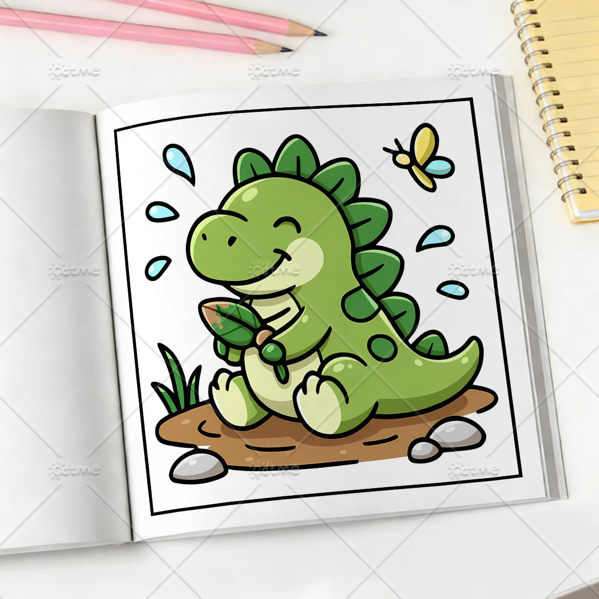 Open Dino Friends Coloring Book displaying a colored green dinosaur holding a leaf beside a butterfly