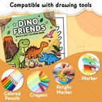 Dino Friends Coloring Book supplier graphic showing colored pencils, crayons, acrylic markers, and markers