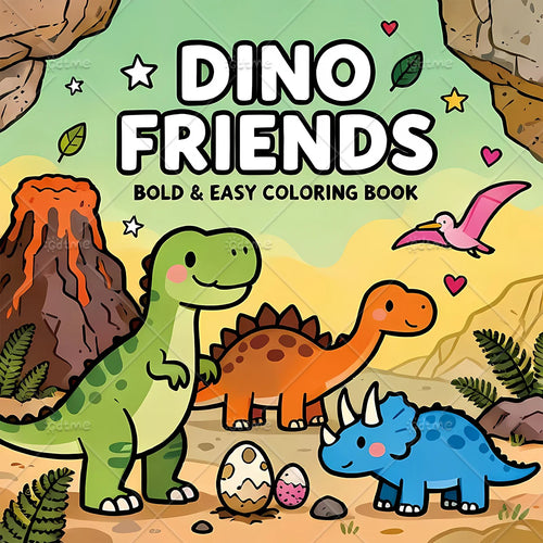 Dino Friends Coloring Book cover with smiling dinosaurs, a volcano, dinosaur eggs, and bold easy coloring text