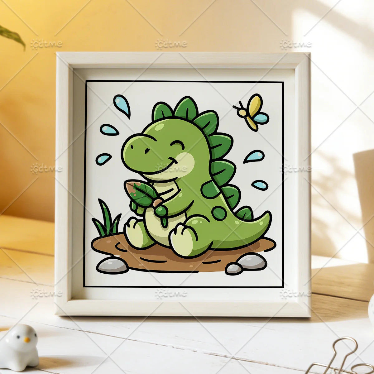 Framed example of a colored green dinosaur holding a leaf, with a butterfly and plants in the illustration