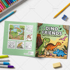 Front and back covers of Dino Friends Coloring Book with sample dinosaur illustrations and coloring supplies