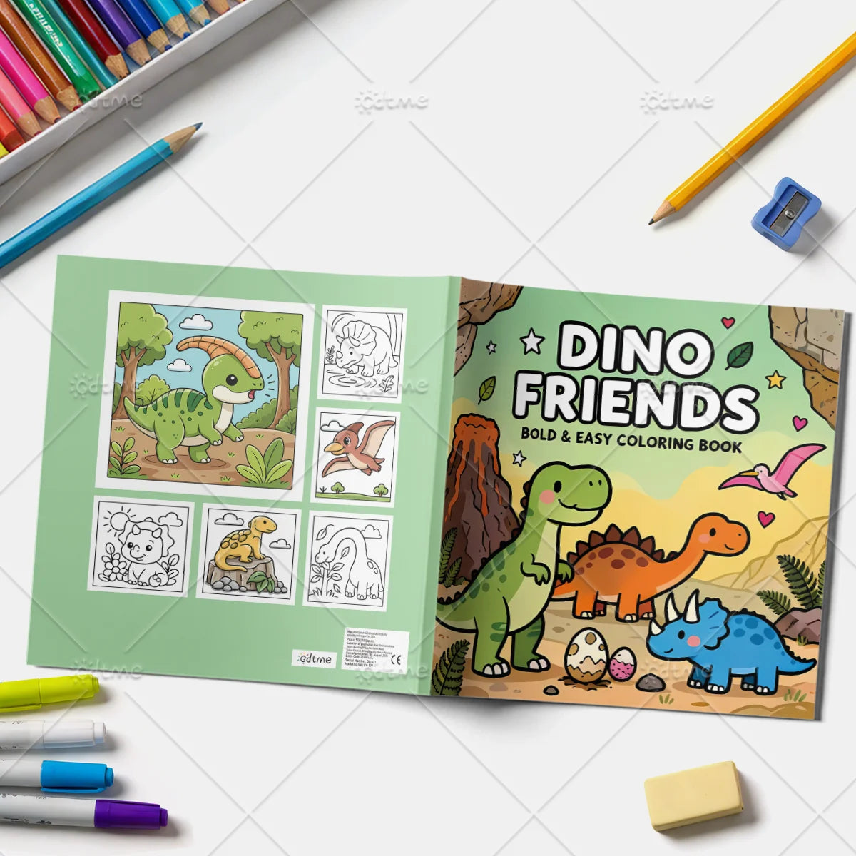 Front and back covers of Dino Friends Coloring Book with sample dinosaur illustrations and coloring supplies