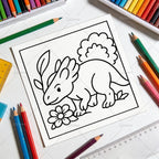 Uncolored horned dinosaur page from Dino Friends Coloring Book on a desk with colored pencils and rulers