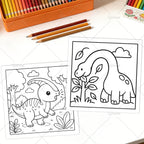 Two uncolored dinosaur pages featuring a crested dinosaur and a long-neck dinosaur beside colored pencils