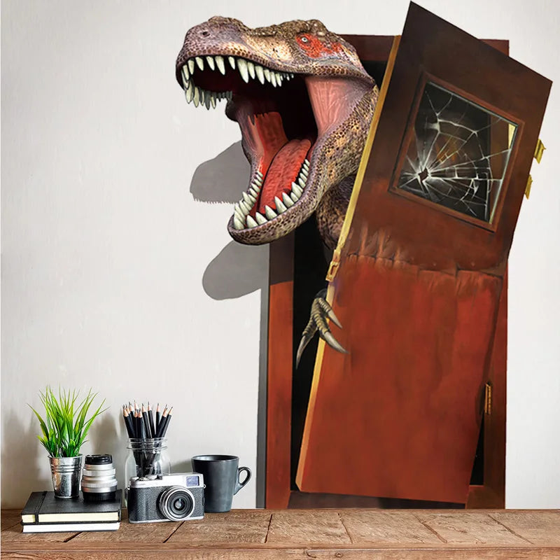 Dinosaur Breakout Wall Decal room mockup above a wooden desk with a camera, plant, and pencils