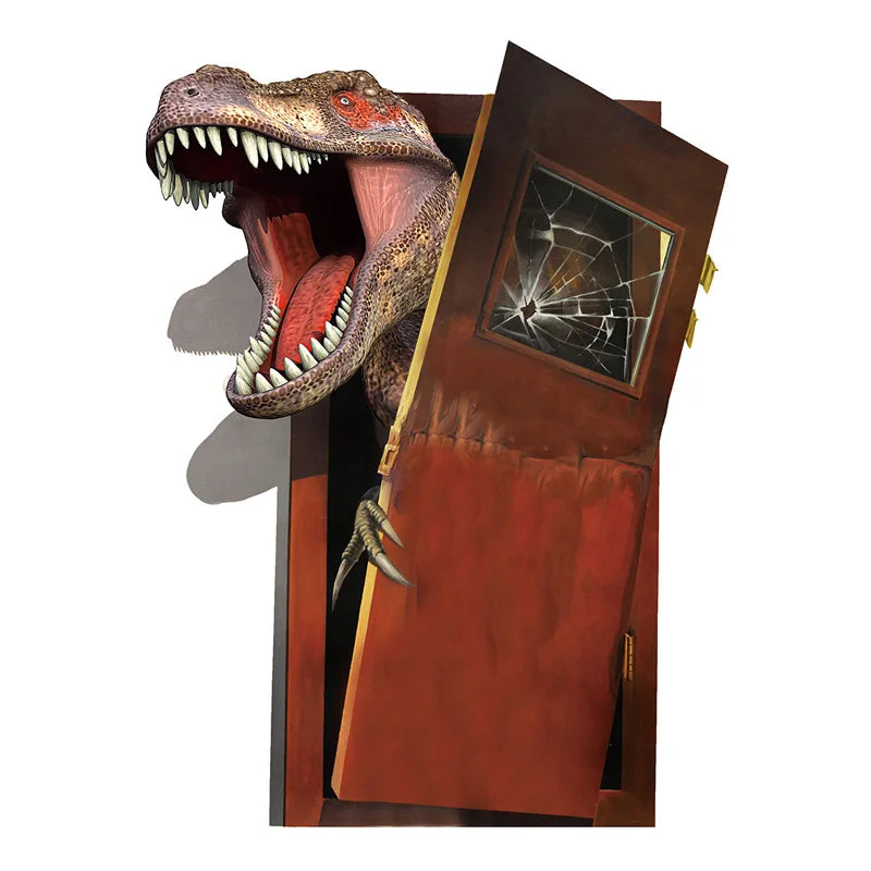 Dinosaur Breakout Wall Decal isolated roaring dinosaur and broken wooden door artwork on white