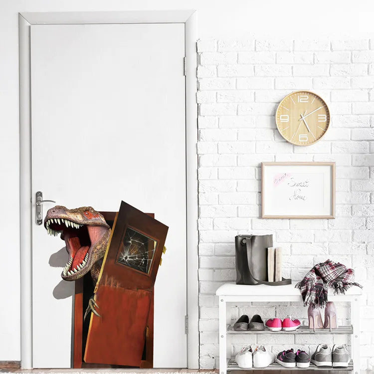 Dinosaur Breakout Wall Decal white entry door placement scene beside a shoe rack and round wall clock