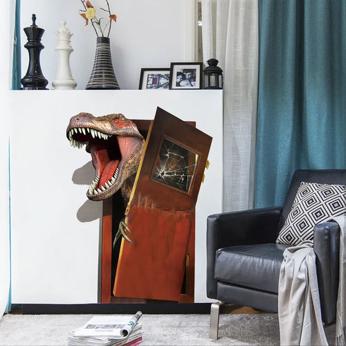 Dinosaur Breakout Wall Decal living room mockup beside a dark armchair and blue curtains