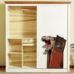 Dinosaur Breakout Wall Decal placement mockup on a sliding closet panel with the other side open