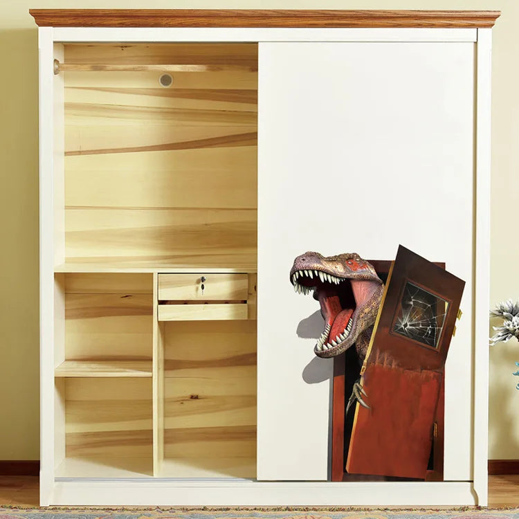 Dinosaur Breakout Wall Decal placement mockup on a sliding closet panel with the other side open