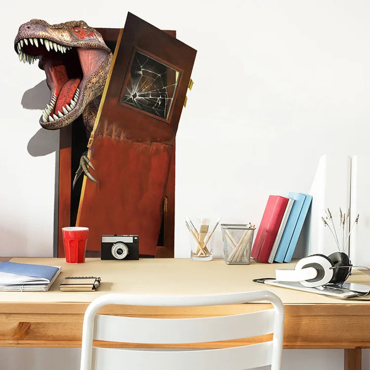 Dinosaur Breakout Wall Decal study desk mockup with books, pencils, a red cup, and headphones