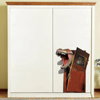 Dinosaur Breakout Wall Decal front view of the design on a white wardrobe with wooden top trim