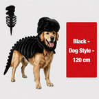 Dinosaur Skeleton Pet Costume: black costume on a golden retriever with costume inset, labeled 120cm.
