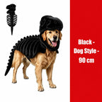 Dinosaur Skeleton Pet Costume: black costume on a golden retriever with costume inset, labeled 90cm.