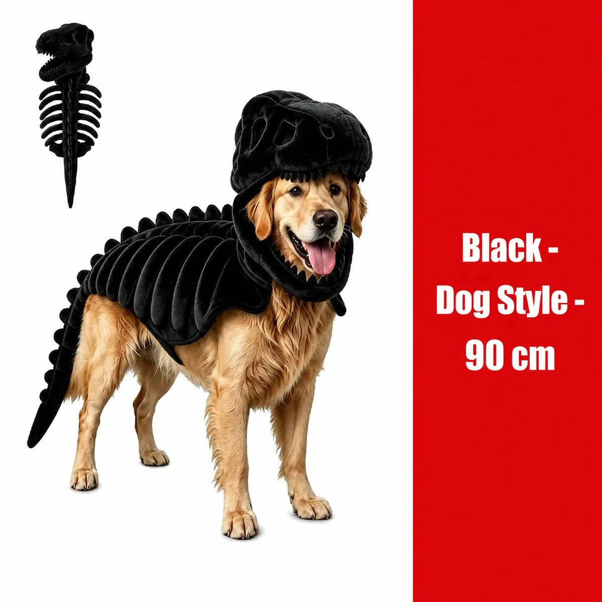 Dinosaur Skeleton Pet Costume: black costume on a golden retriever with costume inset, labeled 90cm.